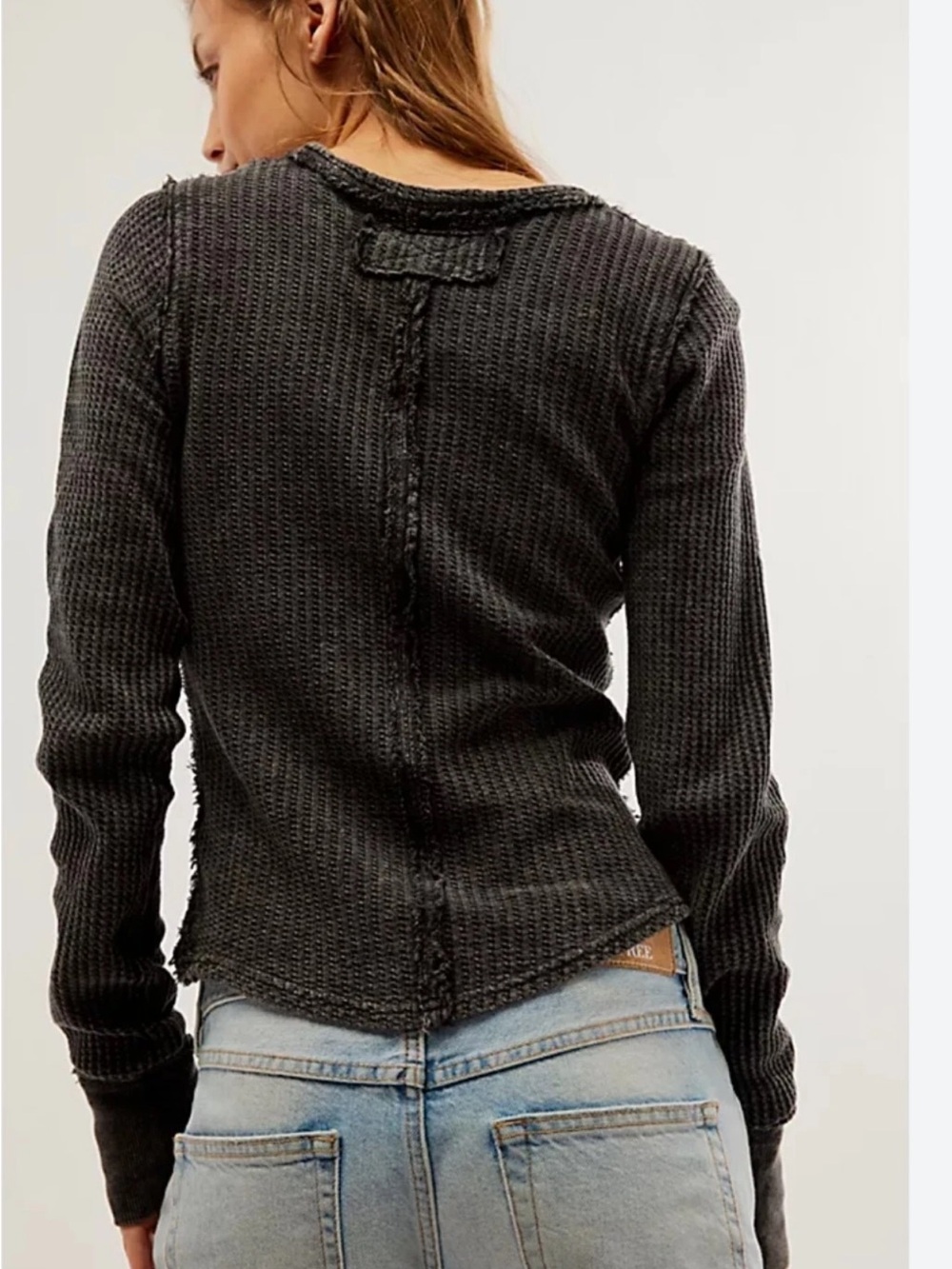 Free People Roll With It Thermal Top Black Waffle Knit Thumbholes Size Small